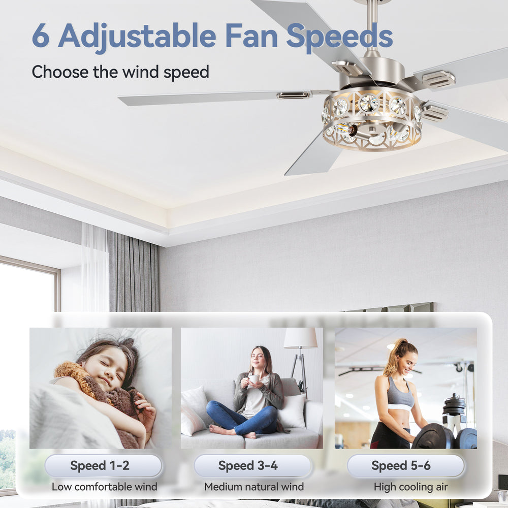 48-inch Wood 5-Blade Crystal Fandelier Ceiling Fan with Remote and Light,4in and 8in Downrods Included