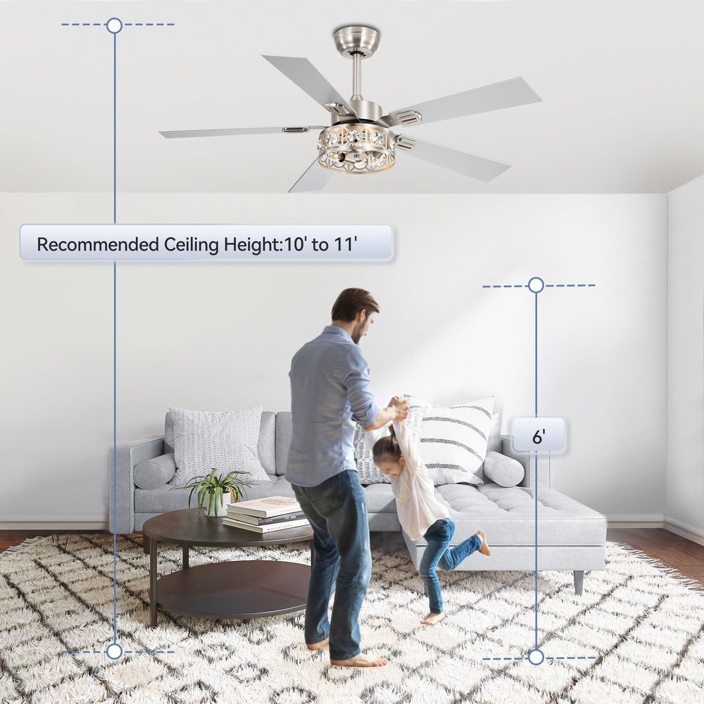 48-inch Wood 5-Blade Crystal Fandelier Ceiling Fan with Remote and Light,4in and 8in Downrods Included