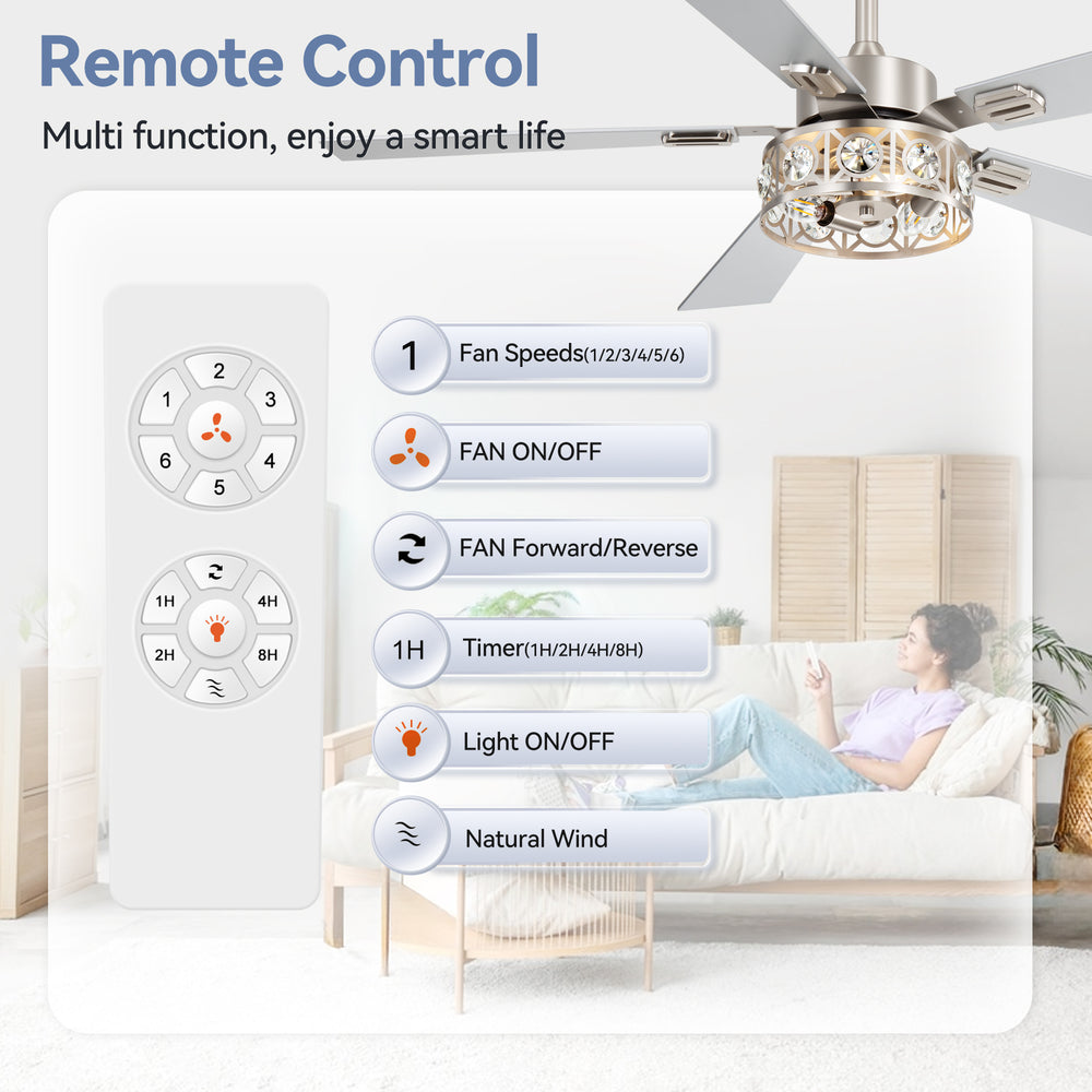48-inch Wood 5-Blade Crystal Fandelier Ceiling Fan with Remote and Light,4in and 8in Downrods Included