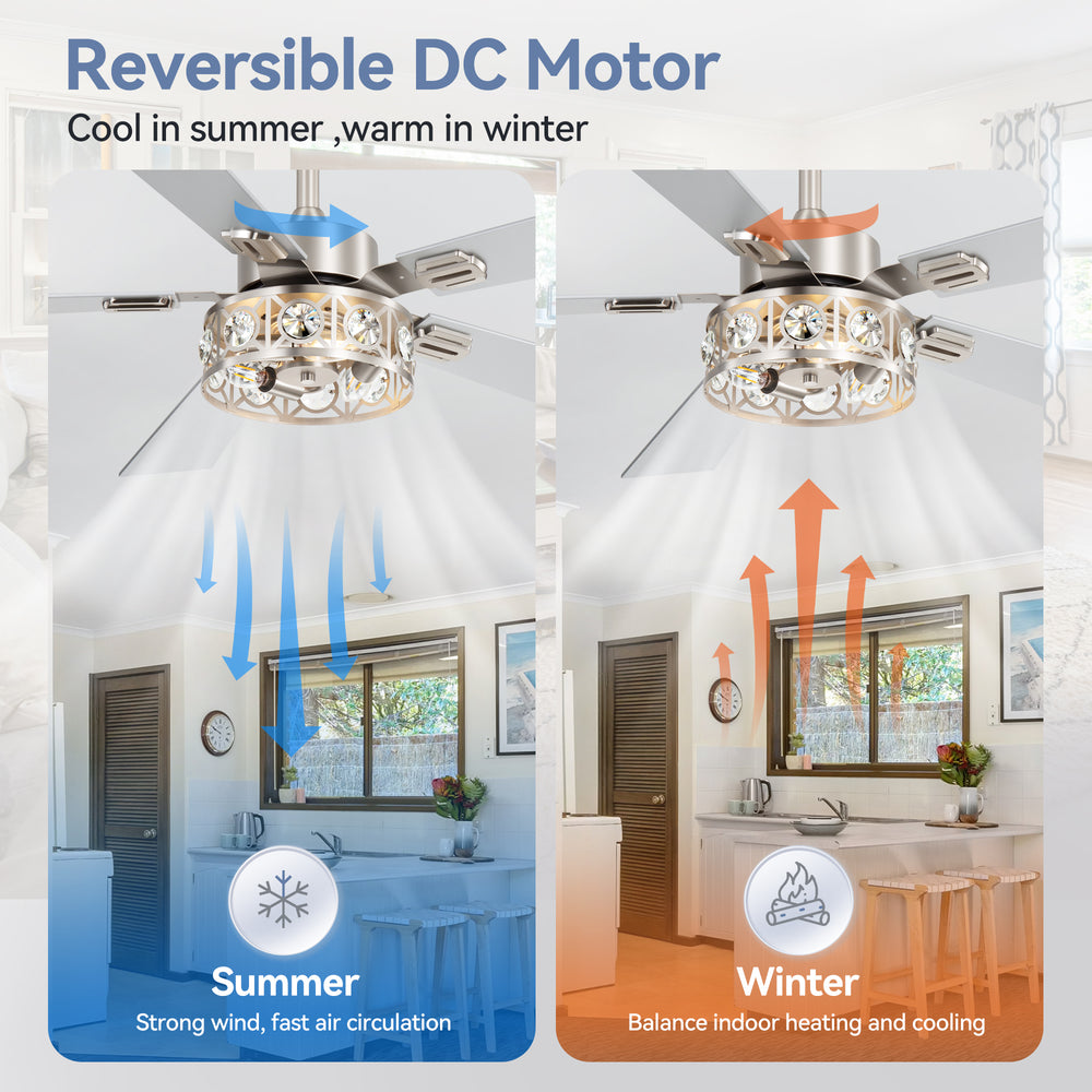 48-inch Wood 5-Blade Crystal Fandelier Ceiling Fan with Remote and Light,4in and 8in Downrods Included