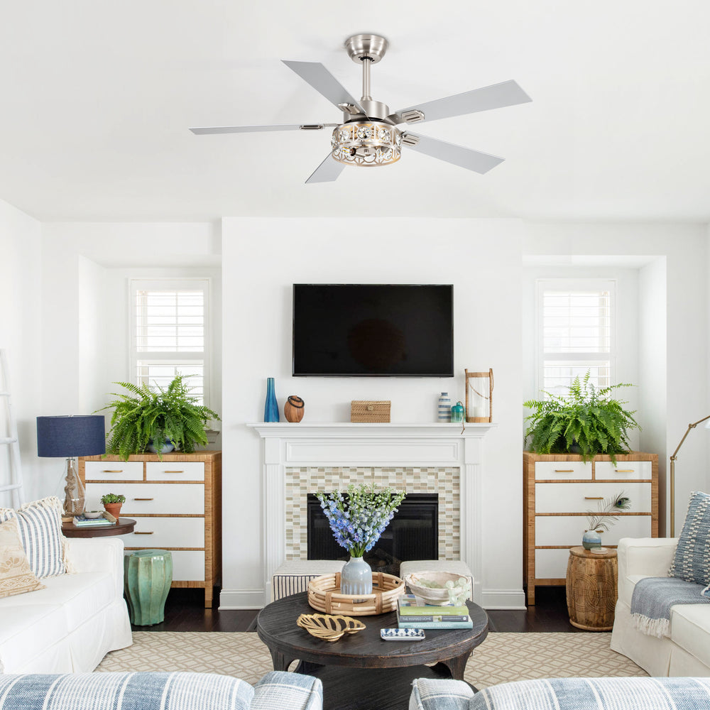 48-inch Wood 5-Blade Crystal Fandelier Ceiling Fan with Remote and Light,4in and 8in Downrods Included