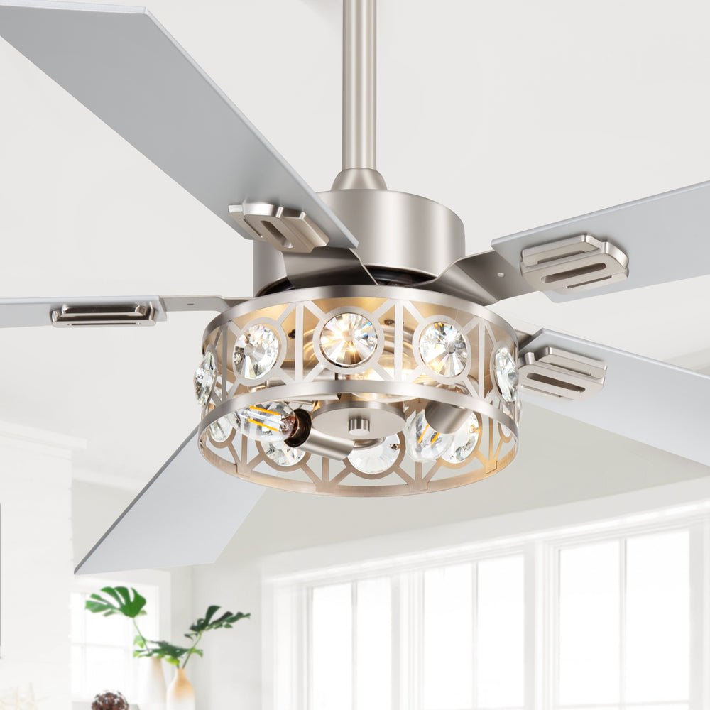 48-inch Wood 5-Blade Crystal Fandelier Ceiling Fan with Remote and Light,4in and 8in Downrods Included
