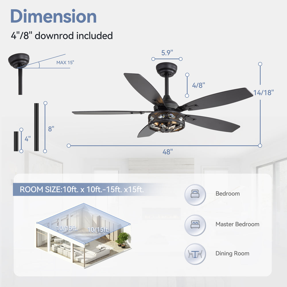 48-inch Wood 5-Blade Crystal Fandelier Ceiling Fan with Remote and Light,4in and 8in Downrods Included