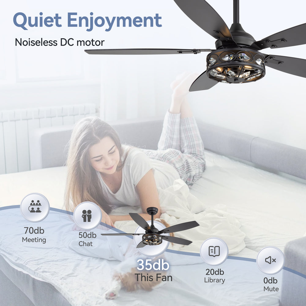 48-inch Wood 5-Blade Crystal Fandelier Ceiling Fan with Remote and Light,4in and 8in Downrods Included