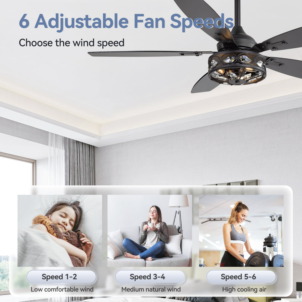 48-inch Wood 5-Blade Crystal Fandelier Ceiling Fan with Remote and Light,4in and 8in Downrods Included