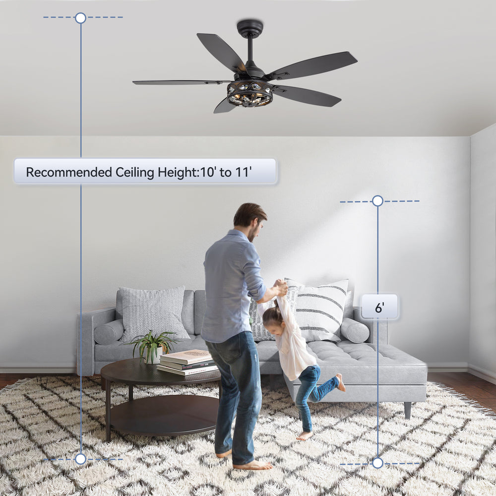 48-inch Wood 5-Blade Crystal Fandelier Ceiling Fan with Remote and Light,4in and 8in Downrods Included