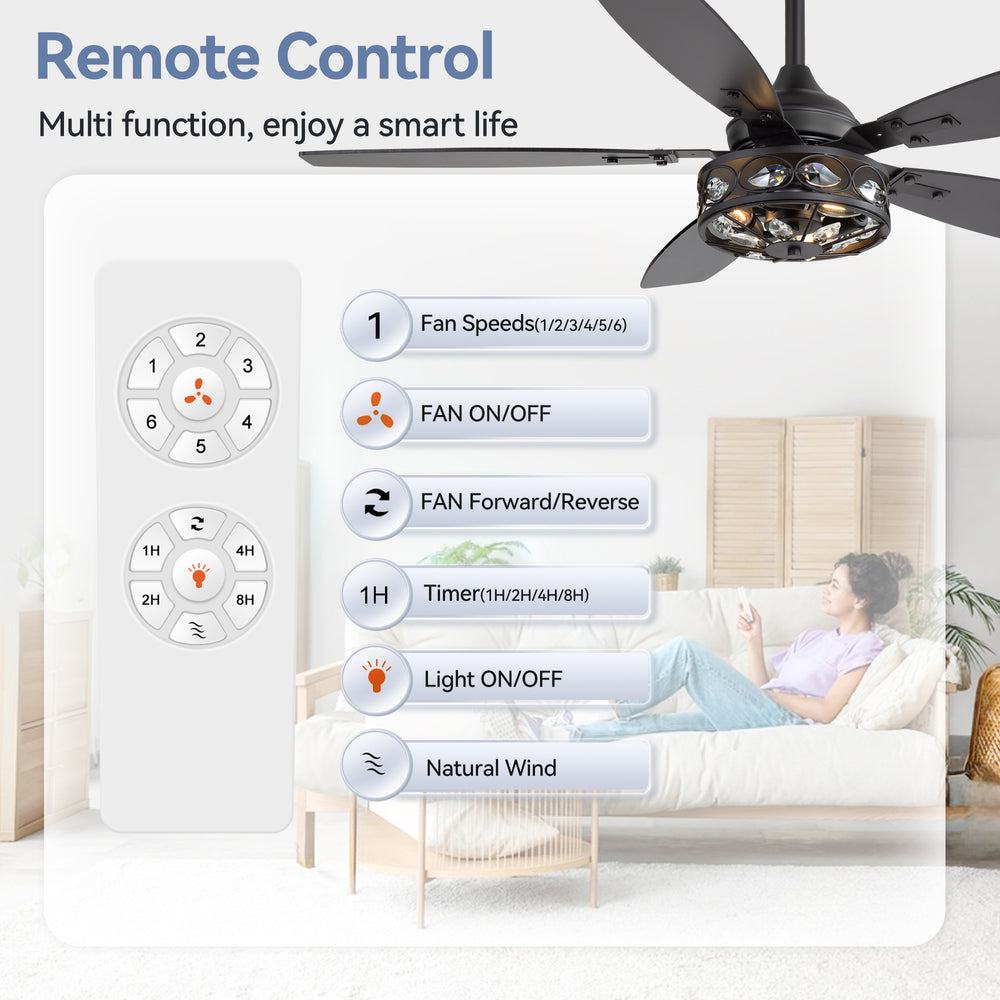 48-inch Wood 5-Blade Crystal Fandelier Ceiling Fan with Remote and Light,4in and 8in Downrods Included