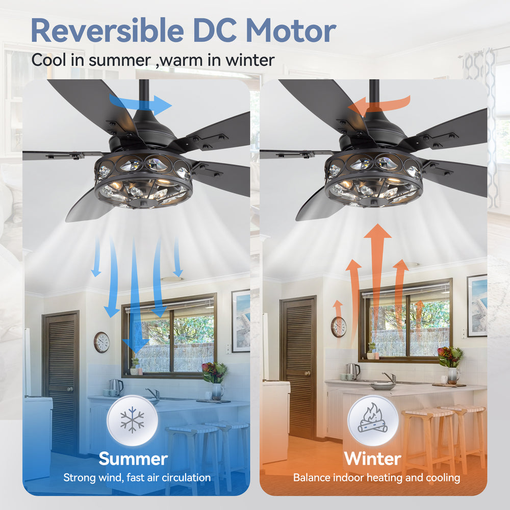 48-inch Wood 5-Blade Crystal Fandelier Ceiling Fan with Remote and Light,4in and 8in Downrods Included