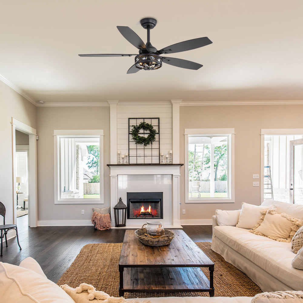 48-inch Wood 5-Blade Crystal Fandelier Ceiling Fan with Remote and Light,4in and 8in Downrods Included