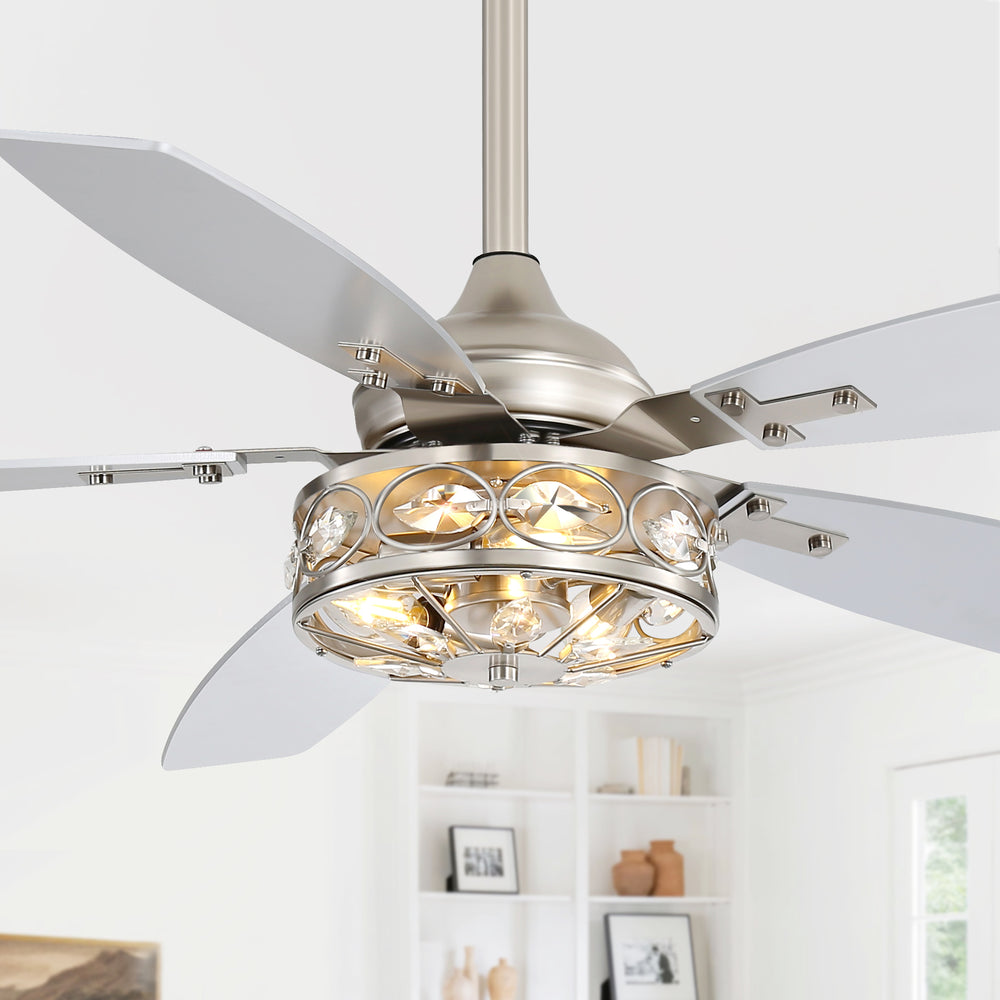 48-inch Wood 5-Blade Crystal Fandelier Ceiling Fan with Remote and Light,4in and 8in Downrods Included