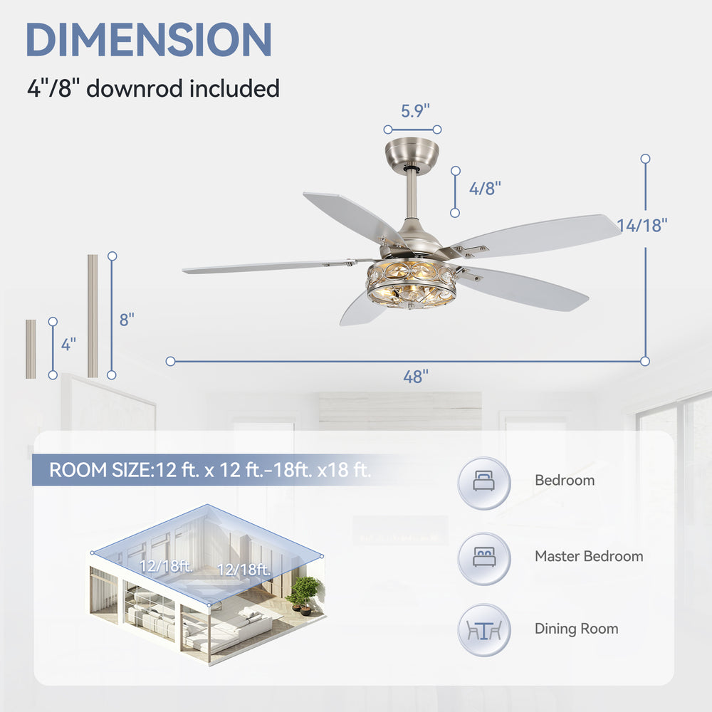 48-inch Wood 5-Blade Crystal Fandelier Ceiling Fan with Remote and Light,4in and 8in Downrods Included