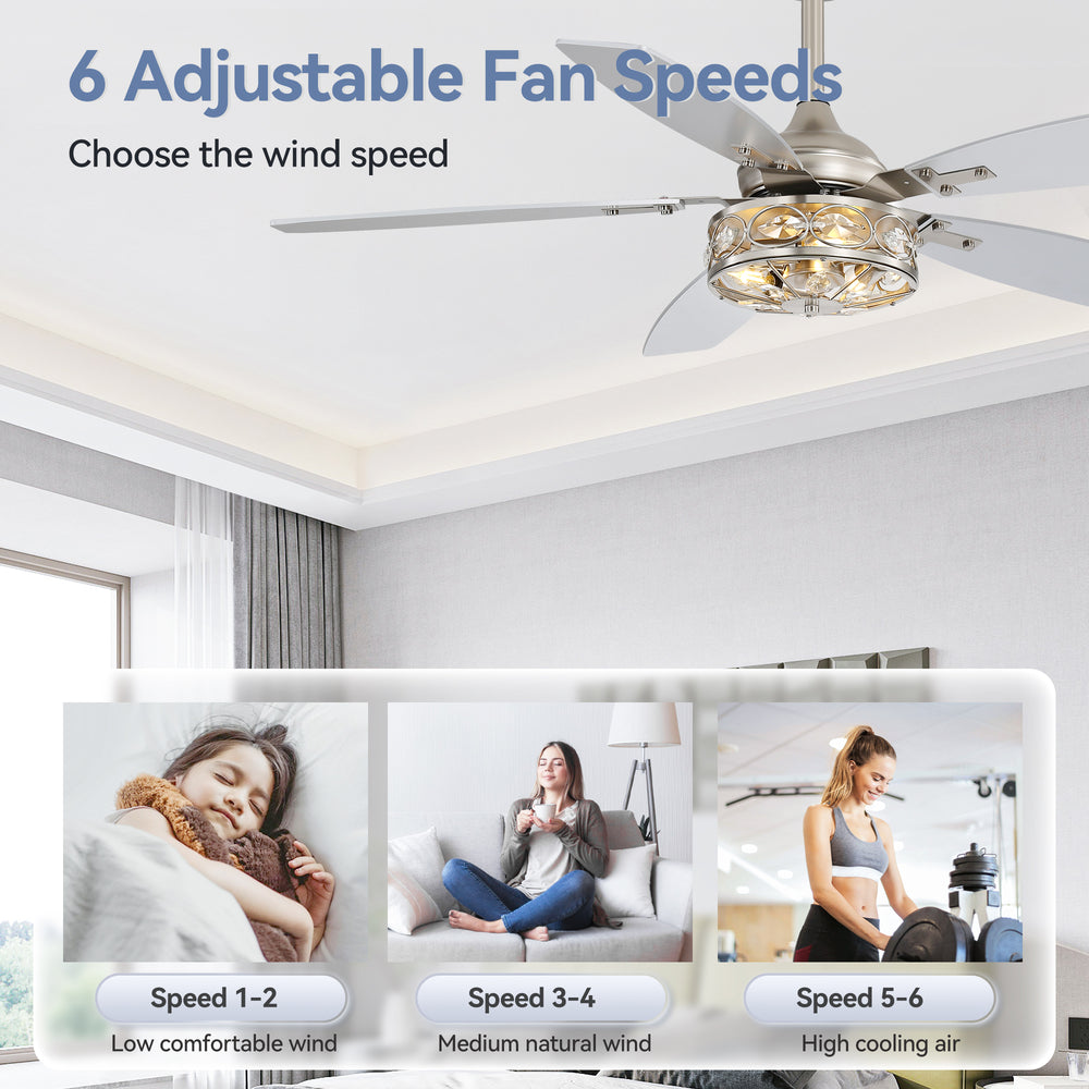 48-inch Wood 5-Blade Crystal Fandelier Ceiling Fan with Remote and Light,4in and 8in Downrods Included