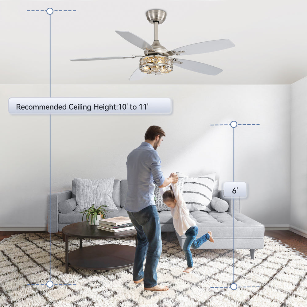 48-inch Wood 5-Blade Crystal Fandelier Ceiling Fan with Remote and Light,4in and 8in Downrods Included