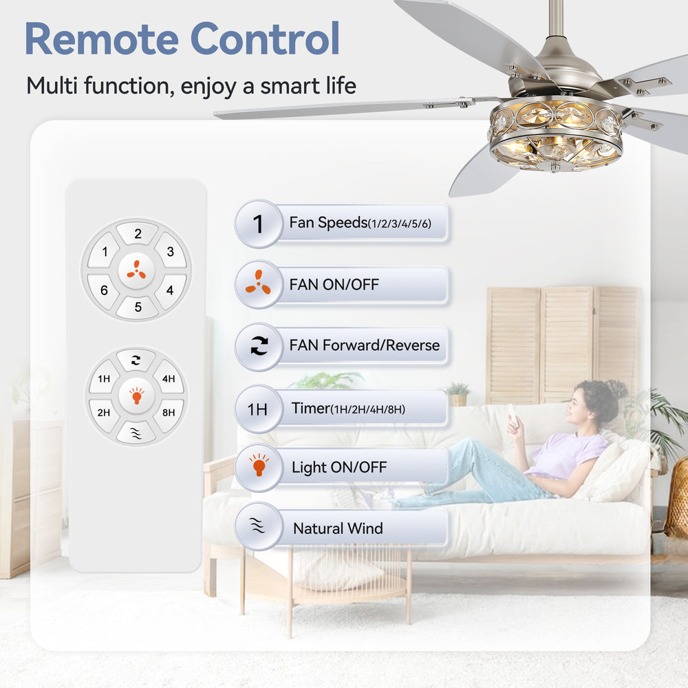 48-inch Wood 5-Blade Crystal Fandelier Ceiling Fan with Remote and Light,4in and 8in Downrods Included