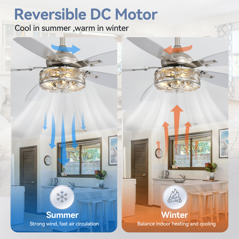 48-inch Wood 5-Blade Crystal Fandelier Ceiling Fan with Remote and Light,4in and 8in Downrods Included