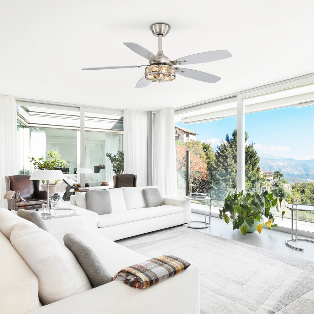 48-inch Wood 5-Blade Crystal Fandelier Ceiling Fan with Remote and Light,4in and 8in Downrods Included