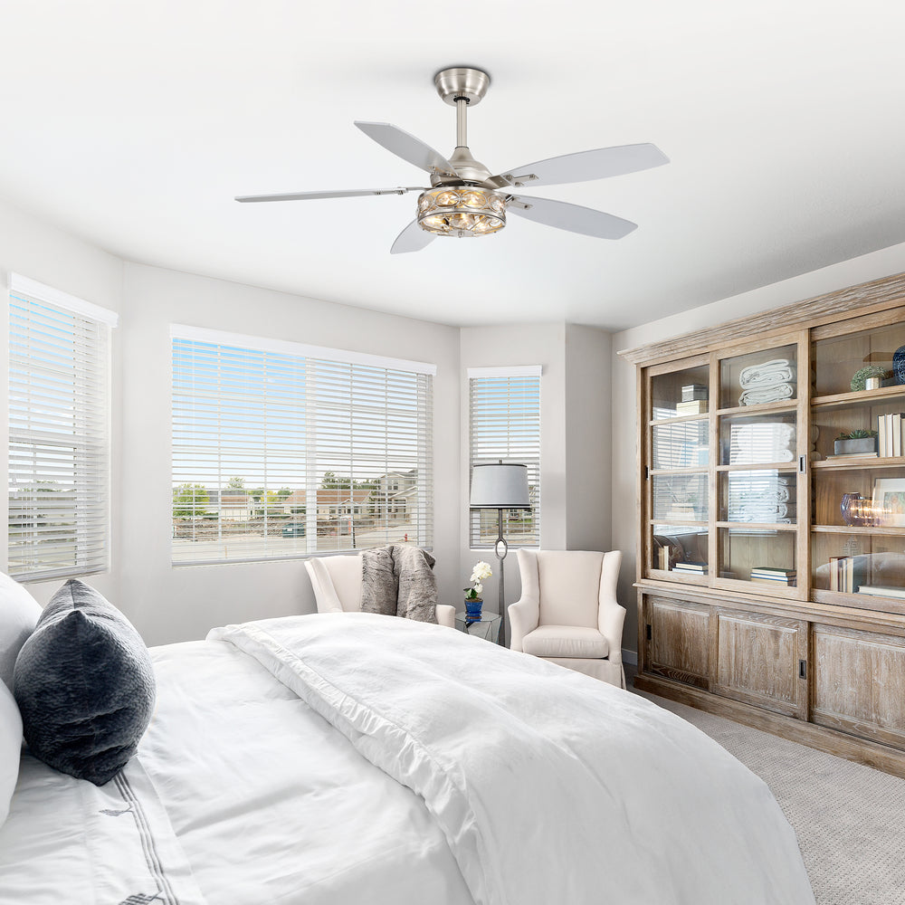48-inch Wood 5-Blade Crystal Fandelier Ceiling Fan with Remote and Light,4in and 8in Downrods Included