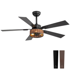 48in Wood Reversible 5-Blade Ceiling Fan with Light and Remote,4in and 8in Downrods Included