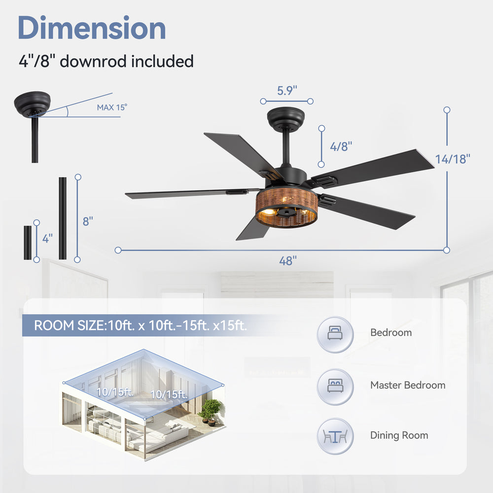 48-in Wood Reversible 5-Blade Ceiling Fan with Light and Remote,4in and 8in Downrods Included