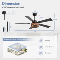 48in Wood Reversible 5-Blade Ceiling Fan with Light and Remote,4in and 8in Downrods Included
