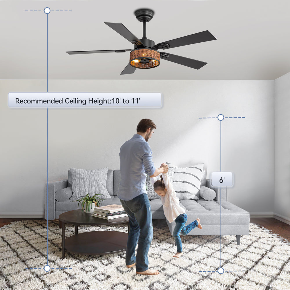 48-in Wood Reversible 5-Blade Ceiling Fan with Light and Remote,4in and 8in Downrods Included