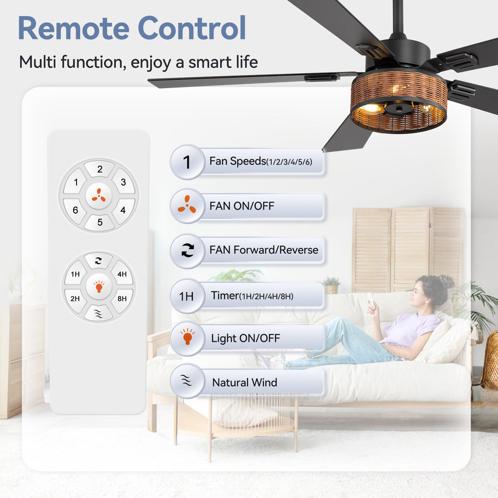 48-in Wood Reversible 5-Blade Ceiling Fan with Light and Remote,4in and 8in Downrods Included
