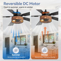 48in Wood Reversible 5-Blade Ceiling Fan with Light and Remote,4in and 8in Downrods Included