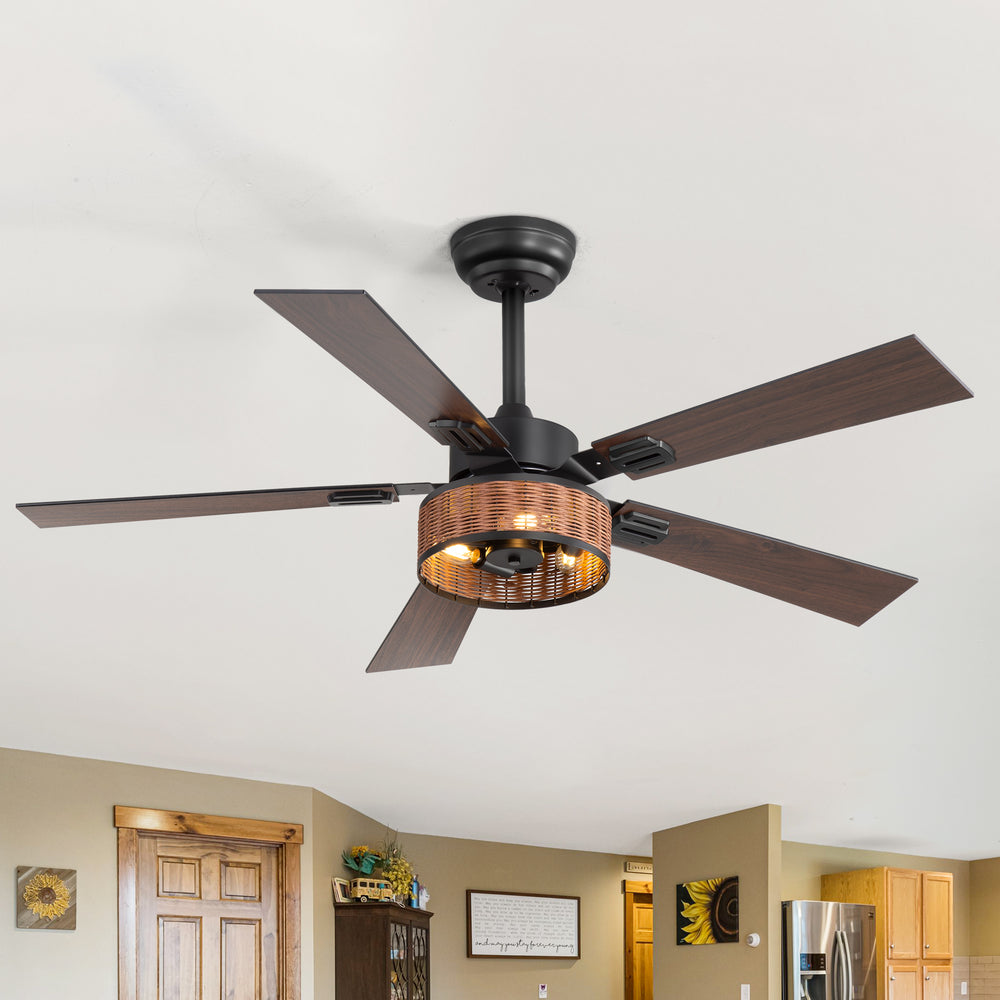 48-in Wood Reversible 5-Blade Ceiling Fan with Light and Remote,4in and 8in Downrods Included
