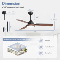 48in  Reversible 3-Blade Ceiling Fan with Intergrated LED Light and Remote，4in and 8in Downrod Included