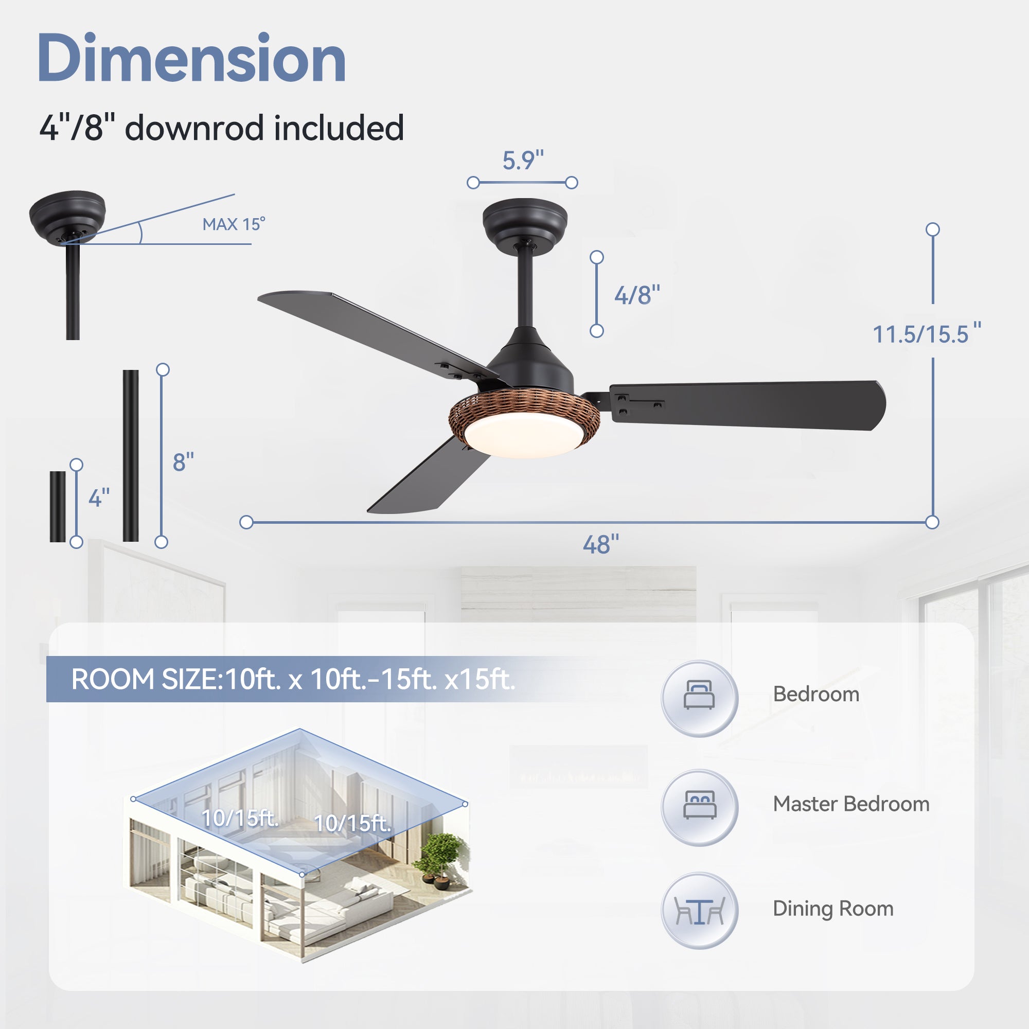 Brynis 48-inch ceiling fan dimensions with 4-inch and 8-inch downrods and 15-degree slope compatibility