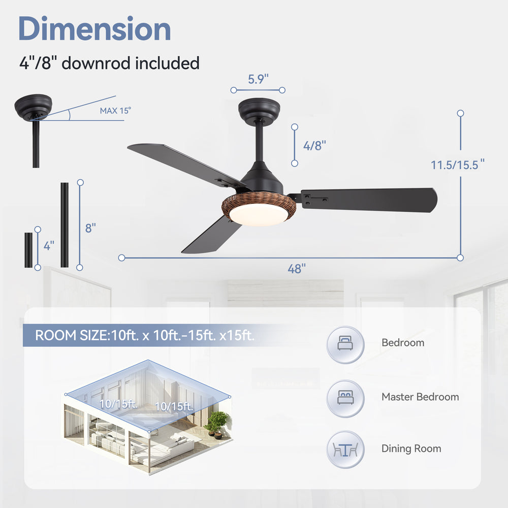 48-in  Reversible 3-Blade Ceiling Fan with Intergrated LED Light and Remote，4in and 8in Downrod Included