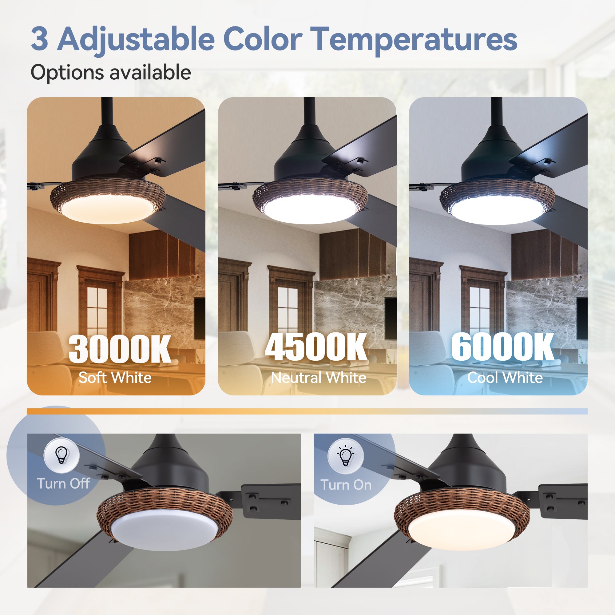 Brynis ceiling fan integrated LED showing 3000K 4500K and 6000K color temperatures