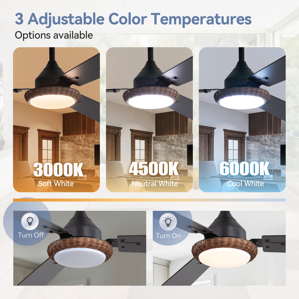 48-in  Reversible 3-Blade Ceiling Fan with Intergrated LED Light and Remote，4in and 8in Downrod Included