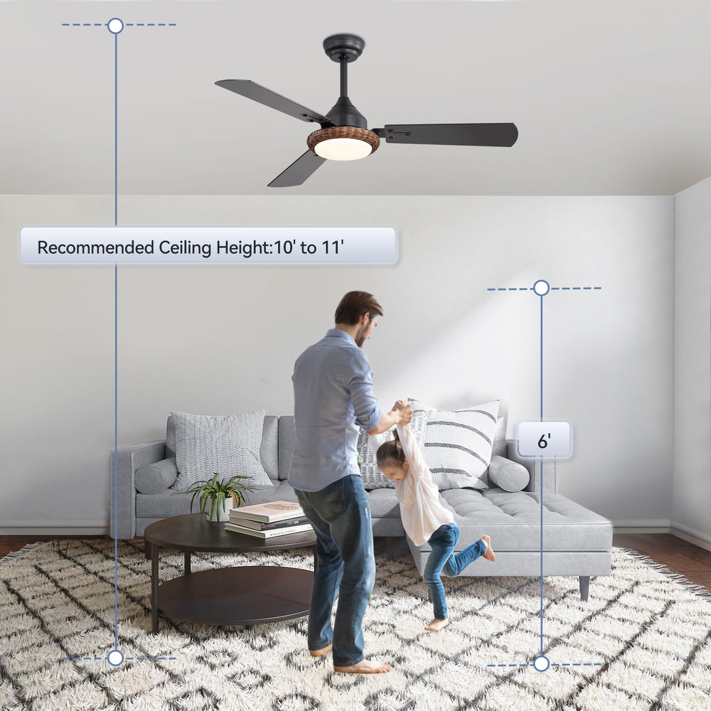 48-in  Reversible 3-Blade Ceiling Fan with Intergrated LED Light and Remote，4in and 8in Downrod Included