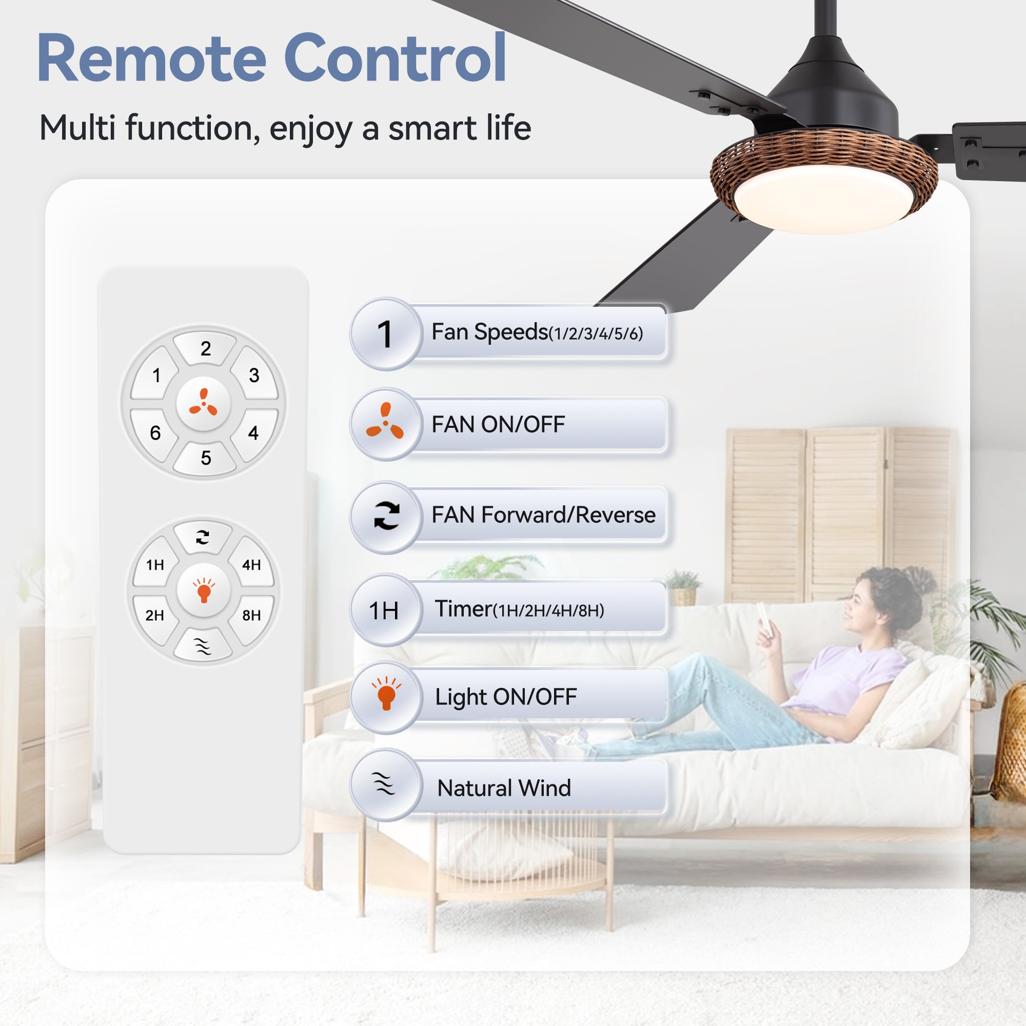 Brynis ceiling fan remote showing six speeds reverse timer light and natural wind controls