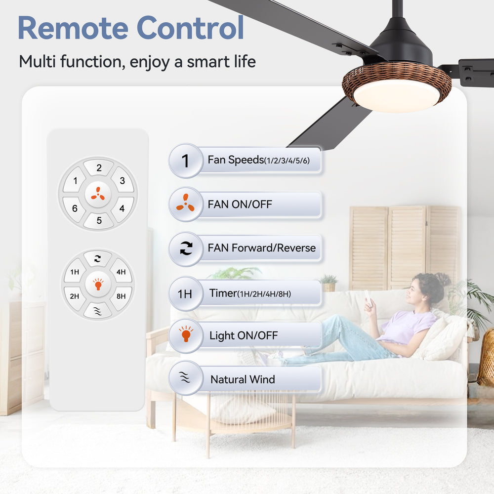 48-in  Reversible 3-Blade Ceiling Fan with Intergrated LED Light and Remote，4in and 8in Downrod Included
