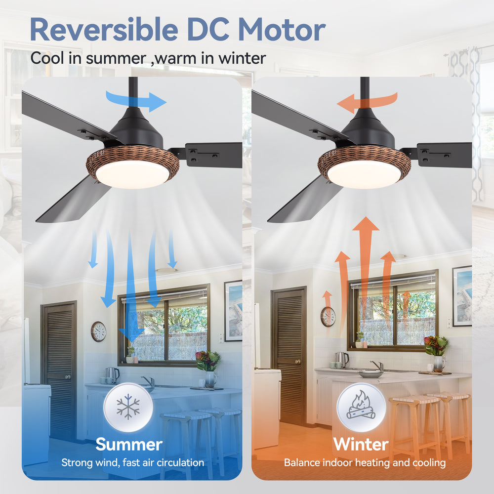 48-in  Reversible 3-Blade Ceiling Fan with Intergrated LED Light and Remote，4in and 8in Downrod Included