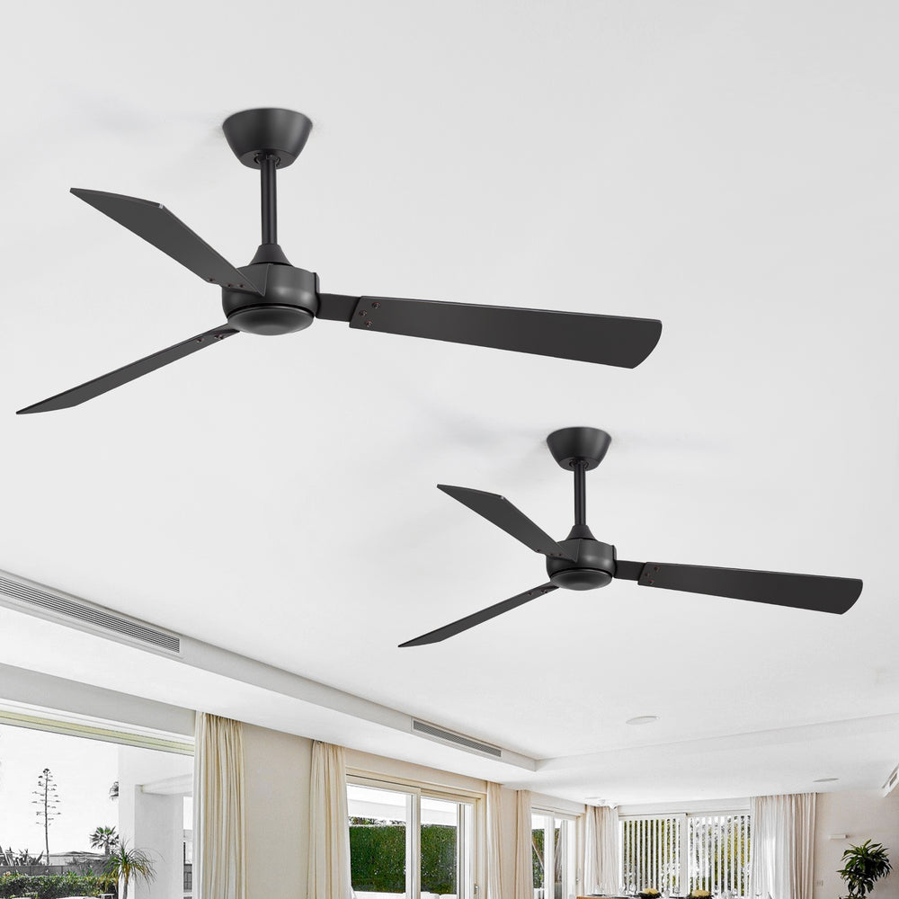 52-inch Industrial 3-Blade Wooden Ceiling Fan with Remote, No Light, Quiet DC 6-Speed Motor, Reversible Dual-Finish Blades (Black/Walnut Wood Grain), Includes 4" & 8" Downrods, for Bedroom Living Room