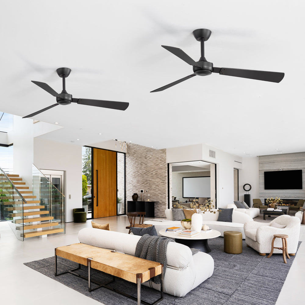 52-inch Industrial 3-Blade Wooden Ceiling Fan with Remote, No Light, Quiet DC 6-Speed Motor, Reversible Dual-Finish Blades (Black/Walnut Wood Grain), Includes 4" & 8" Downrods, for Bedroom Living Room