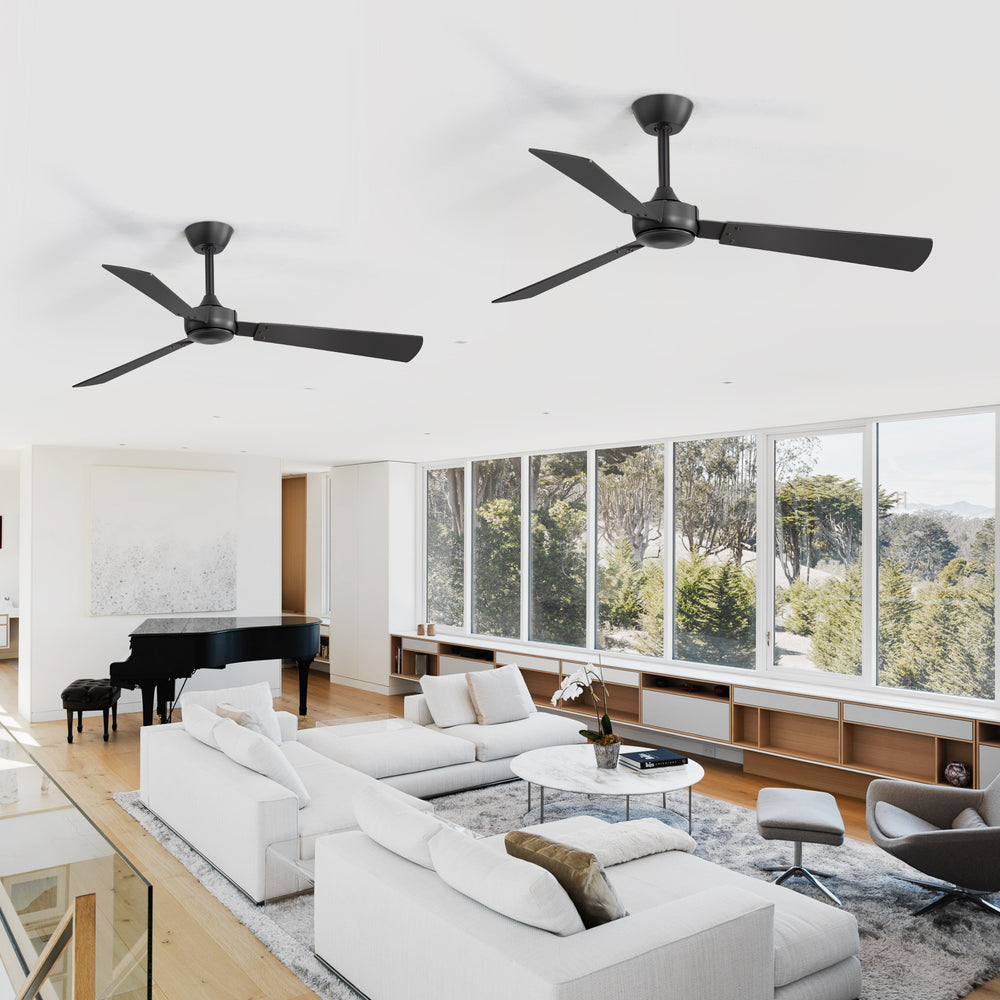 52-inch Industrial 3-Blade Wooden Ceiling Fan with Remote, No Light, Quiet DC 6-Speed Motor, Reversible Dual-Finish Blades (Black/Walnut Wood Grain), Includes 4" & 8" Downrods, for Bedroom Living Room