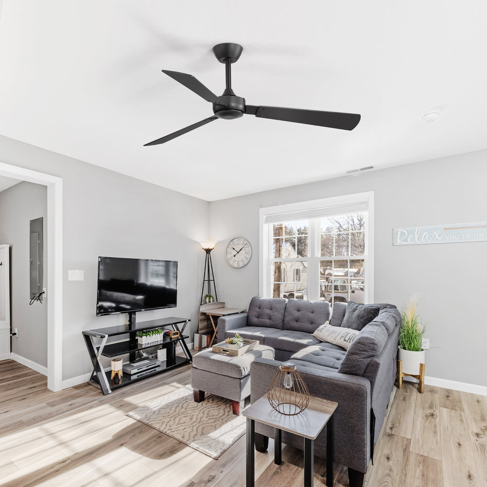 52-inch Industrial 3-Blade Wooden Ceiling Fan with Remote, No Light, Quiet DC 6-Speed Motor, Reversible Dual-Finish Blades (Black/Walnut Wood Grain), Includes 4" & 8" Downrods, for Bedroom Living Room