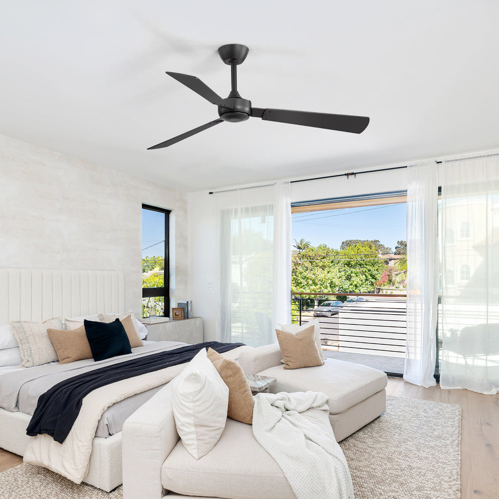 52-inch Industrial 3-Blade Wooden Ceiling Fan with Remote, No Light, Quiet DC 6-Speed Motor, Reversible Dual-Finish Blades (Black/Walnut Wood Grain), Includes 4" & 8" Downrods, for Bedroom Living Room