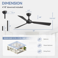 52in Black 3-Blade Ceiling Fan with Remote without Light,4in and 8in Downrod Included