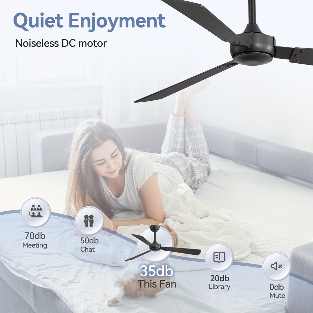 52-inch Industrial 3-Blade Wooden Ceiling Fan with Remote, No Light, Quiet DC 6-Speed Motor, Reversible Dual-Finish Blades (Black/Walnut Wood Grain), Includes 4" & 8" Downrods, for Bedroom Living Room