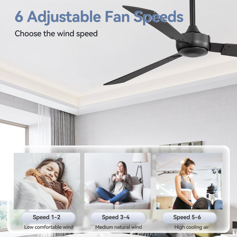 52-inch Industrial 3-Blade Wooden Ceiling Fan with Remote, No Light, Quiet DC 6-Speed Motor, Reversible Dual-Finish Blades (Black/Walnut Wood Grain), Includes 4" & 8" Downrods, for Bedroom Living Room