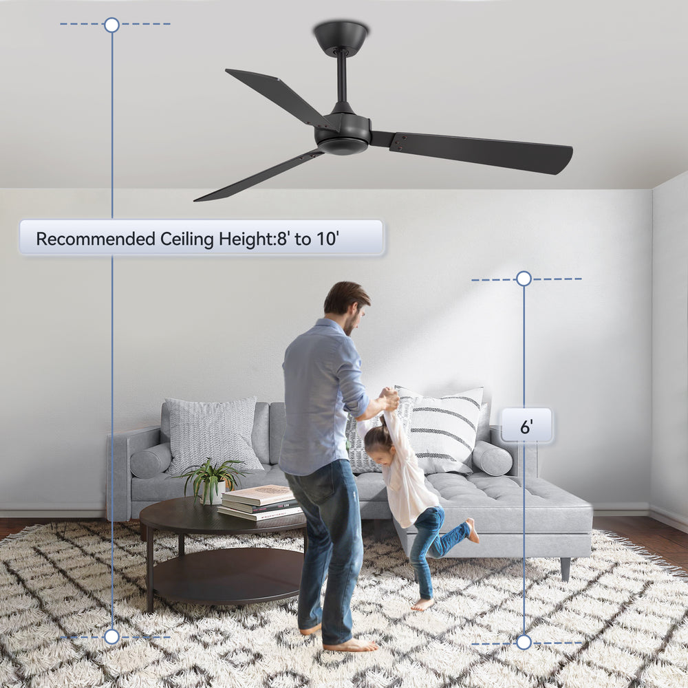 52-inch Industrial 3-Blade Wooden Ceiling Fan with Remote, No Light, Quiet DC 6-Speed Motor, Reversible Dual-Finish Blades (Black/Walnut Wood Grain), Includes 4" & 8" Downrods, for Bedroom Living Room