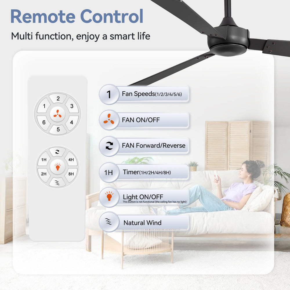 52-inch Industrial 3-Blade Wooden Ceiling Fan with Remote, No Light, Quiet DC 6-Speed Motor, Reversible Dual-Finish Blades (Black/Walnut Wood Grain), Includes 4" & 8" Downrods, for Bedroom Living Room
