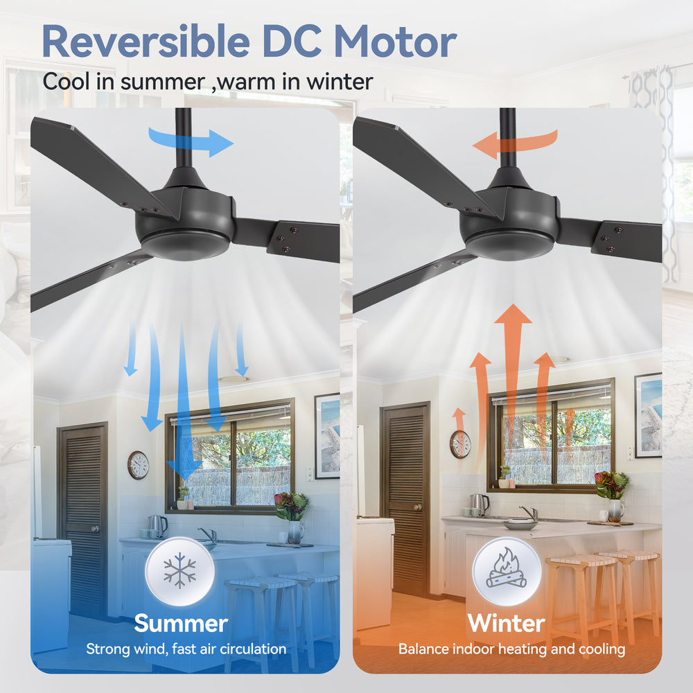 52-inch Industrial 3-Blade Wooden Ceiling Fan with Remote, No Light, Quiet DC 6-Speed Motor, Reversible Dual-Finish Blades (Black/Walnut Wood Grain), Includes 4" & 8" Downrods, for Bedroom Living Room