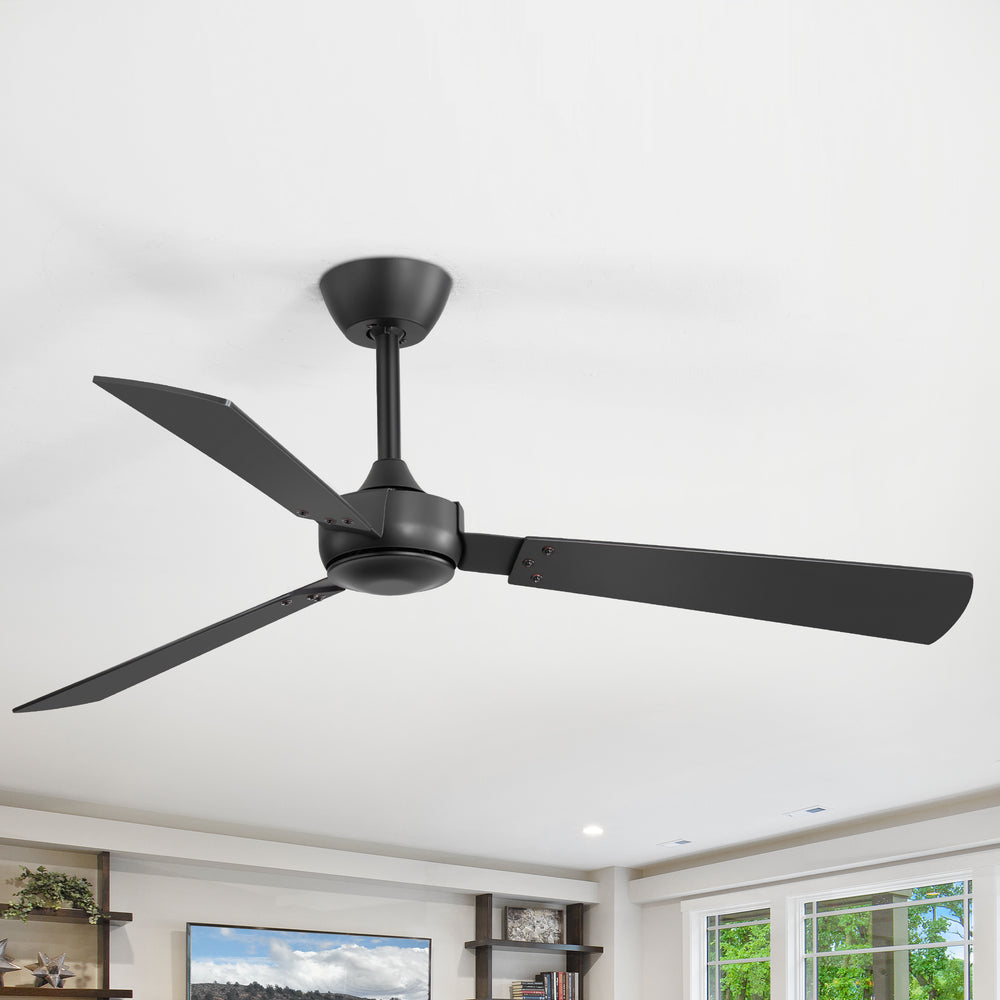 52-inch Industrial 3-Blade Wooden Ceiling Fan with Remote, No Light, Quiet DC 6-Speed Motor, Reversible Dual-Finish Blades (Black/Walnut Wood Grain), Includes 4" & 8" Downrods, for Bedroom Living Room