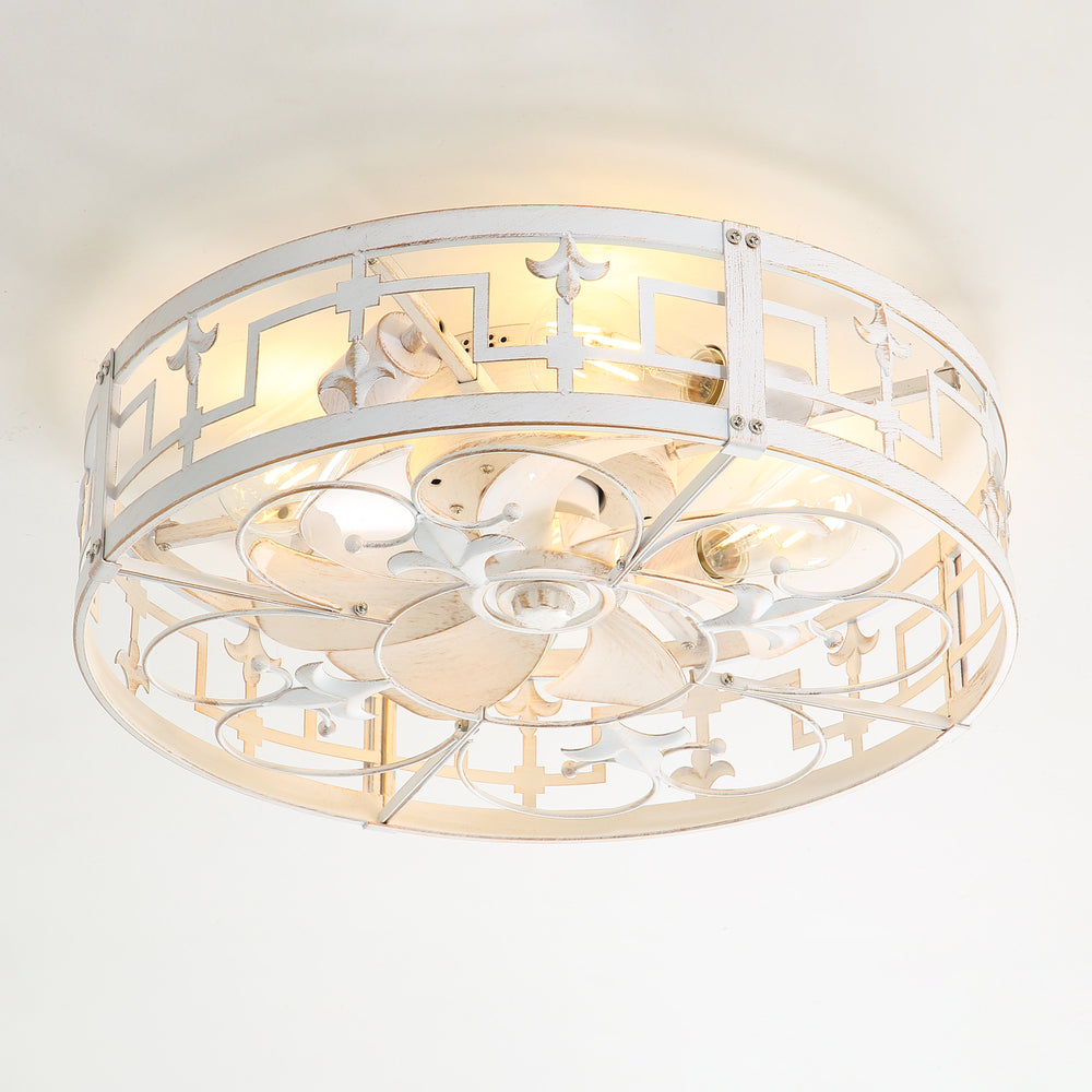 20-inch Distressed White Flush Mount Caged Ceiling Fan with Light Remote(7-Blades)
